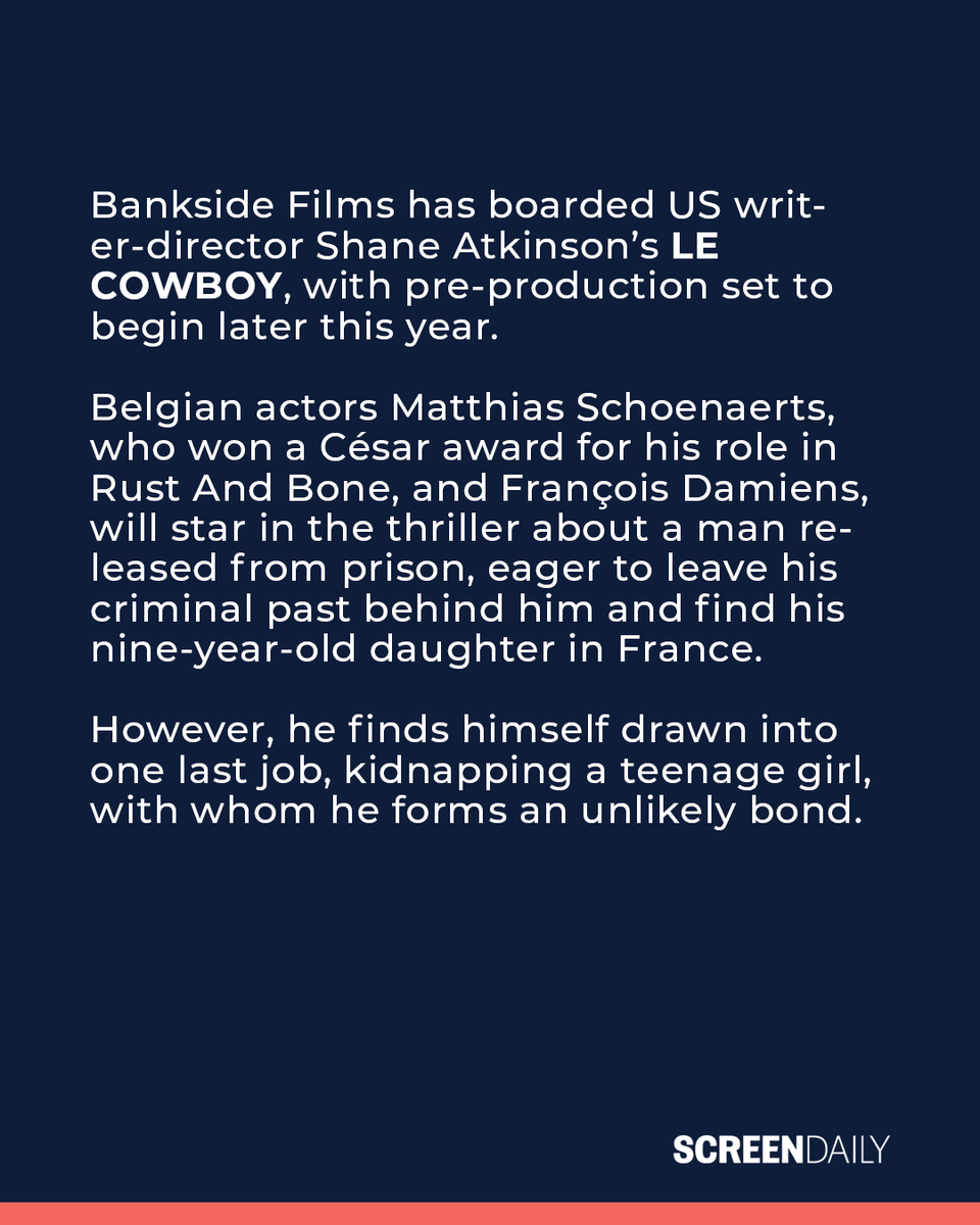 Bankside Films (@banksidefilms) on Twitter photo 🎬 César winner Matthias Schoenaerts saddles up for LE COWBOY, an action thriller from US writer-director Shane Atkinson! Shooting starts this year in France & Belgium. Catch more at <a href="/marchedufilm/">marche du film</a> <a href="/Festival_Cannes/">Festival de Cannes</a>!
📖 <a href="/Screendaily/">Screen International</a>: shorturl.at/hBO7l
#Cannes2025 #LeCowboy 🎬 César winner Matthias Schoenaerts saddles up for LE COWBOY, an action thriller from US writer-director Shane Atkinson! Shooting starts this year in France & Belgium. Catch more at <a href="/marchedufilm/">marche du film</a> <a href="/Festival_Cannes/">Festival de Cannes</a>!
📖 <a href="/Screendaily/">Screen International</a>: shorturl.at/hBO7l
#Cannes2025 #LeCowboy
