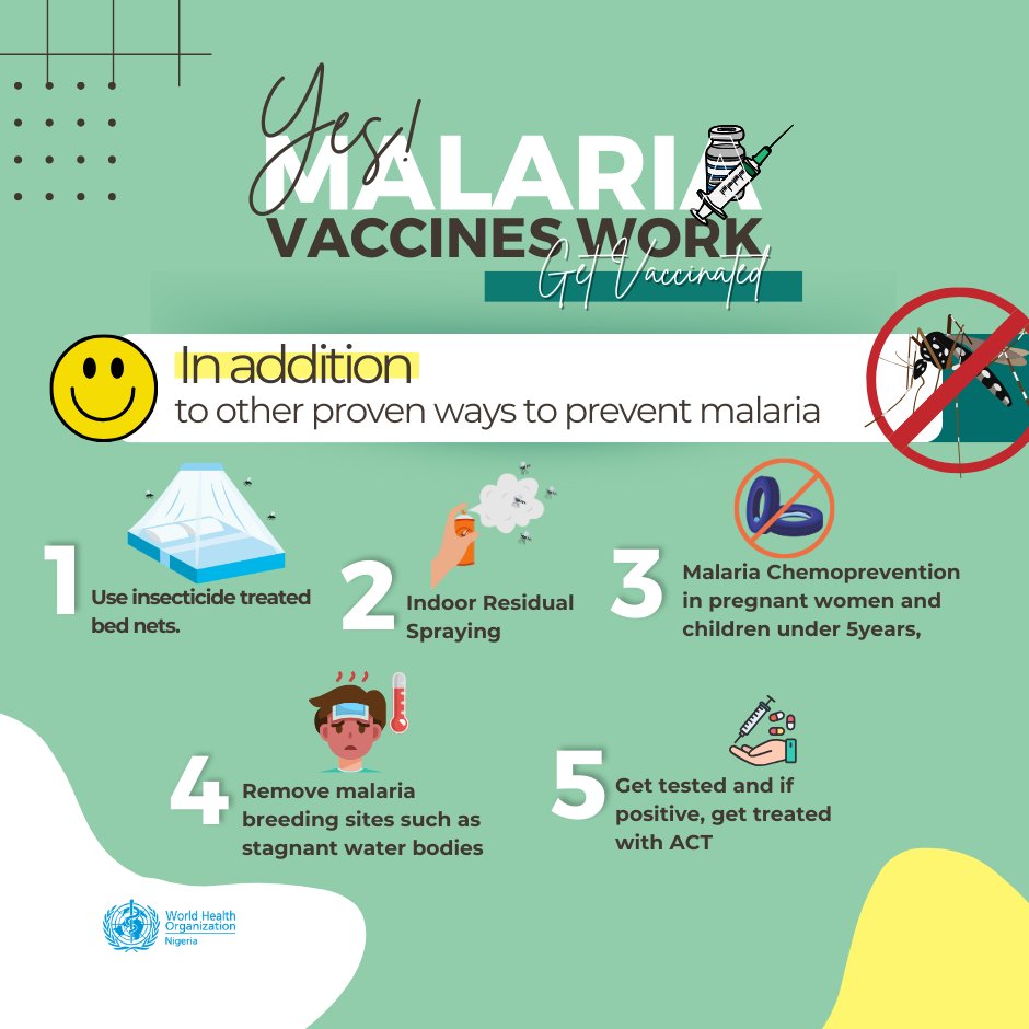 WHONigeria's tweet photo. Malaria #vaccine work, in addition to other proven ways including:

-Use insecticide treated bed nets.
-Indoor Residual Spraying
-Malaria Chemoprevention in pregnant women &amp; -children under 5years,
-Remove malaria breeding sites such as stagnant water bodies
-Get tested &amp; treated https://t.co/UNOqX0OguM