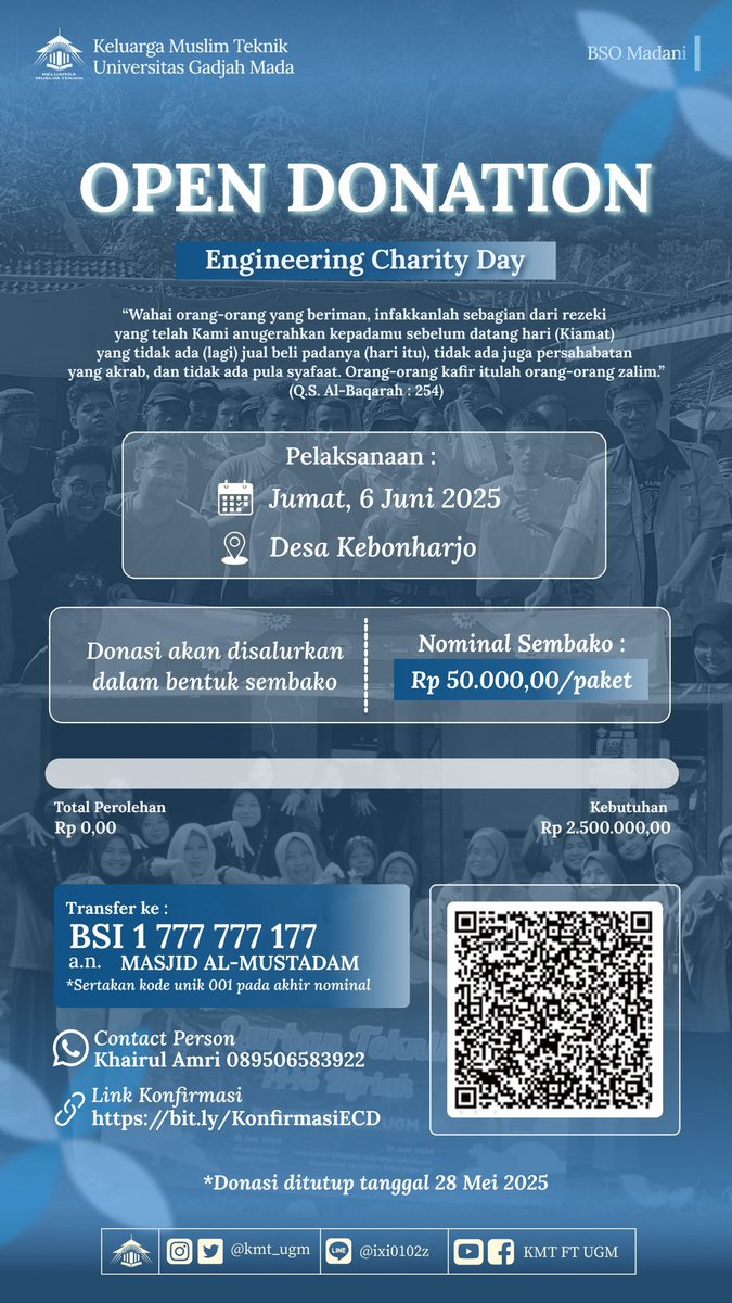 ‼️ OPEN DONASI UNTUK MASYARAKAT DESA BINAAN KMT ‼️

Assalamu’alaikum Warahmatullahi Wabarakatuh, Sobat Muslim!

Kabar gembira datang dari *✨Engineering Charity Day (ECD)✨* yang kembali hadir tahun ini!

Lewat ECD, kamu bisa ikut donasi sembako untuk Desa Binaan KMT di momen