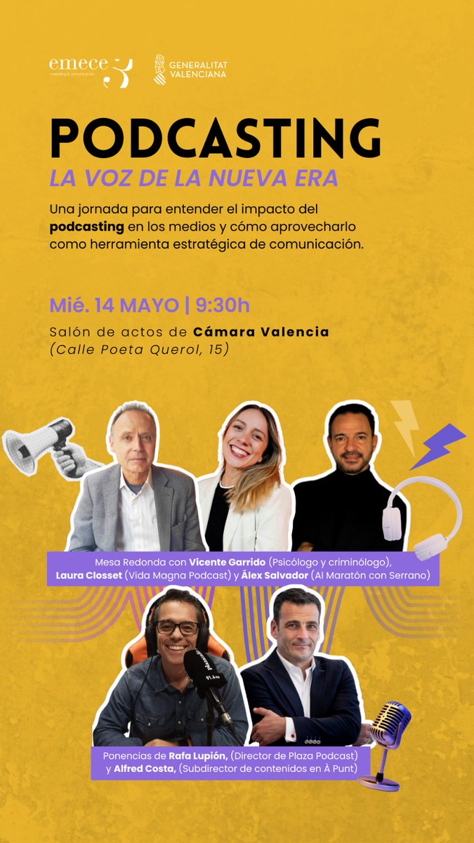 🎧 ¿El podcast como herramienta estratégica?
El 14 de mayo estaré en <a href="/camara_valencia/">Cámara Valencia</a> en una jornada con grandes voces del sector: Alfred Costa, Vicente Garrido, Laura Closset y Álex Salvador.

📍 9:30h | Inscripción gratuita
🔗 eventosemece3.es
#Podcasting #Comunicación