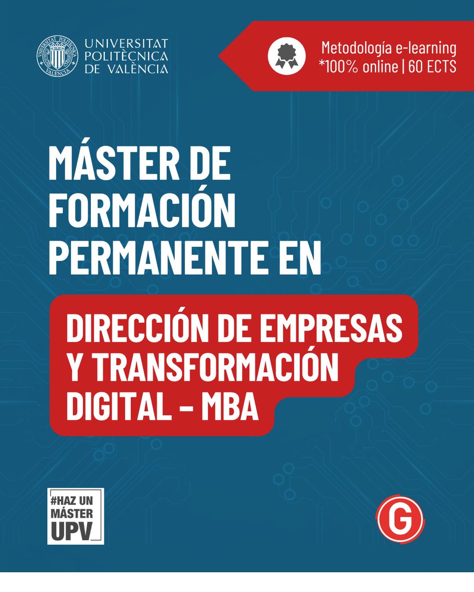 MÁSTER DE FORMACIÓN PERMANENTE EN DIRECCIÓN DE EMPRESAS Y TRANSFORMACIÓN DIGITAL – MBA

🎯 Su objetivo es abordar la gestión empresarial junto a herramientas y tecnologías para la transformación digital

¡Haz ya tu preinscripción! 👉 cfp.upv.es/formacion-perm…