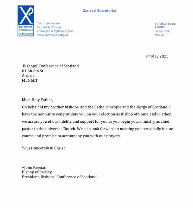 The Bishops of Scotland pledge their fidelity to, and support for, Pope Leo XIV, promising him their prayers.