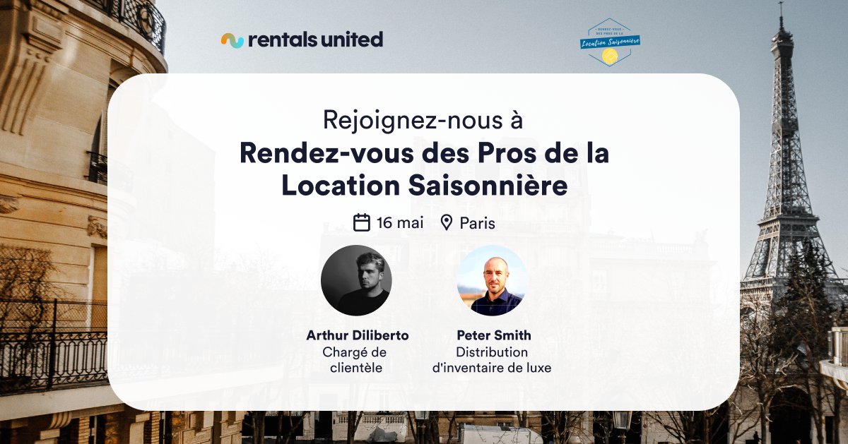 🇫🇷 We’re heading to Paris for the Rendez-vous de la Location Saisonnière on May 16!

Meet Arthur &amp; Peter from Rentals United. 
🤝 Book a meeting: bit.ly/3F1kyWv

#VacationRentals #STRgrowth #RDVParis #RentalsUnited
