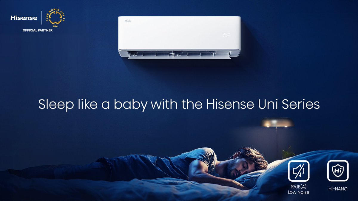 HisenseIntl's tweet photo. Everyone needs a good night’s sleep to power through the hustle and 
bustle of the day. 😴
The key to that? The Hisense Uni Series that keeps the air cool, 
comfortable, and safe for the best slumber you’ll ever have. 
#Hisense #Tech #Quality #UniSeries #AIAirExpert #EasyLiving https://t.co/jiVEQ0hbxO
