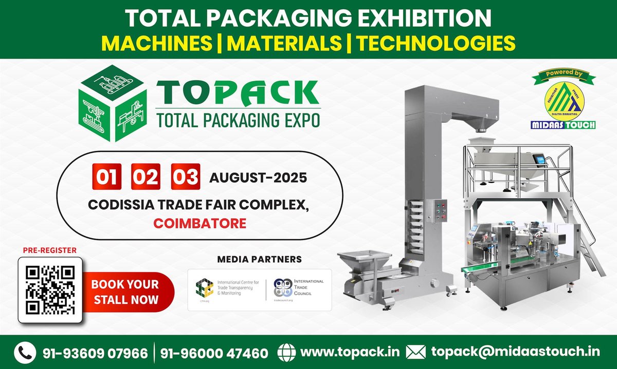 SupplyChainRep's tweet image. 📊 Stay ahead in packaging innovation at #TOPACK2025!
Machines. Materials. Market connections.

🗓 Aug 1–3 | 📍 CODISSIA, Coimbatore
🔗 topack.in

#PackagingTrends #B2BNetworking #TechSolutions #IndiaExpo
