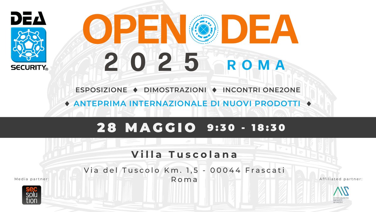 🫵🏻 Partecipa all’#OpenDEARoma2025, l’evento dedicato ai sistemi antintrusione perimetrali #DEASecurity.
📆 28 Maggio 2025
🕰️ 9:30 - 18:30
📍Villa Tuscolana, Frascati (RM)
🔗 deasecurity.com/open-dea-roma-…