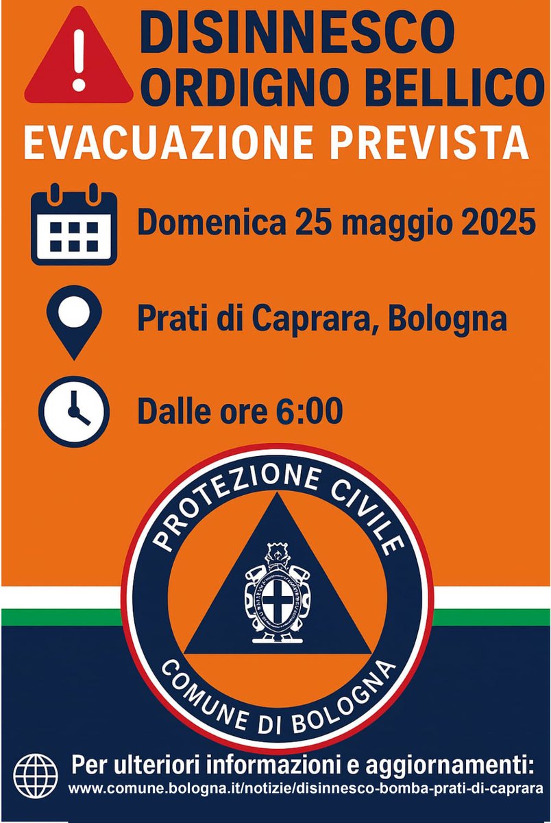 💥 Domenica 25 maggio disinnesco di un ordigno bellico della seconda guerra mondiale ritrovato ai Prati di Caprara 💣

🛡️La Protezione Civile coordinerà tutte le attività a partire dalle ore 6 fino a fine operazioni.

Tutte le informazioni sono sul sito del Comune