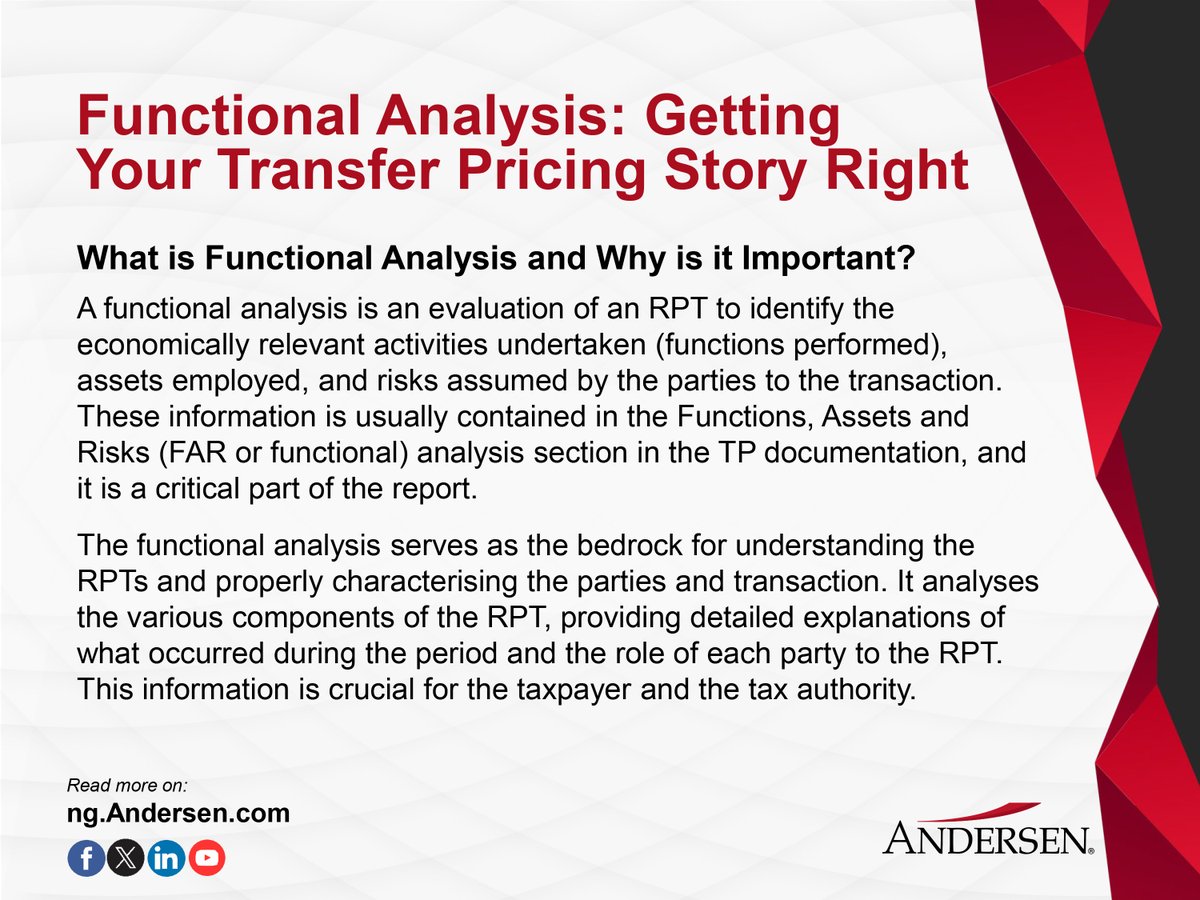 AndersenNigeria's tweet image. 🔍 Functional Analysis: Uncovering Who Does What, Owns What, and Bears What Risks in Your Related Party Transactions (RPTs).
👉 Read more here: ng.andersen.com/functional-ana…
#FunctionalAnalysis #TP #Compliance #TaxStrategy #AndersenNigeria #TPAudit