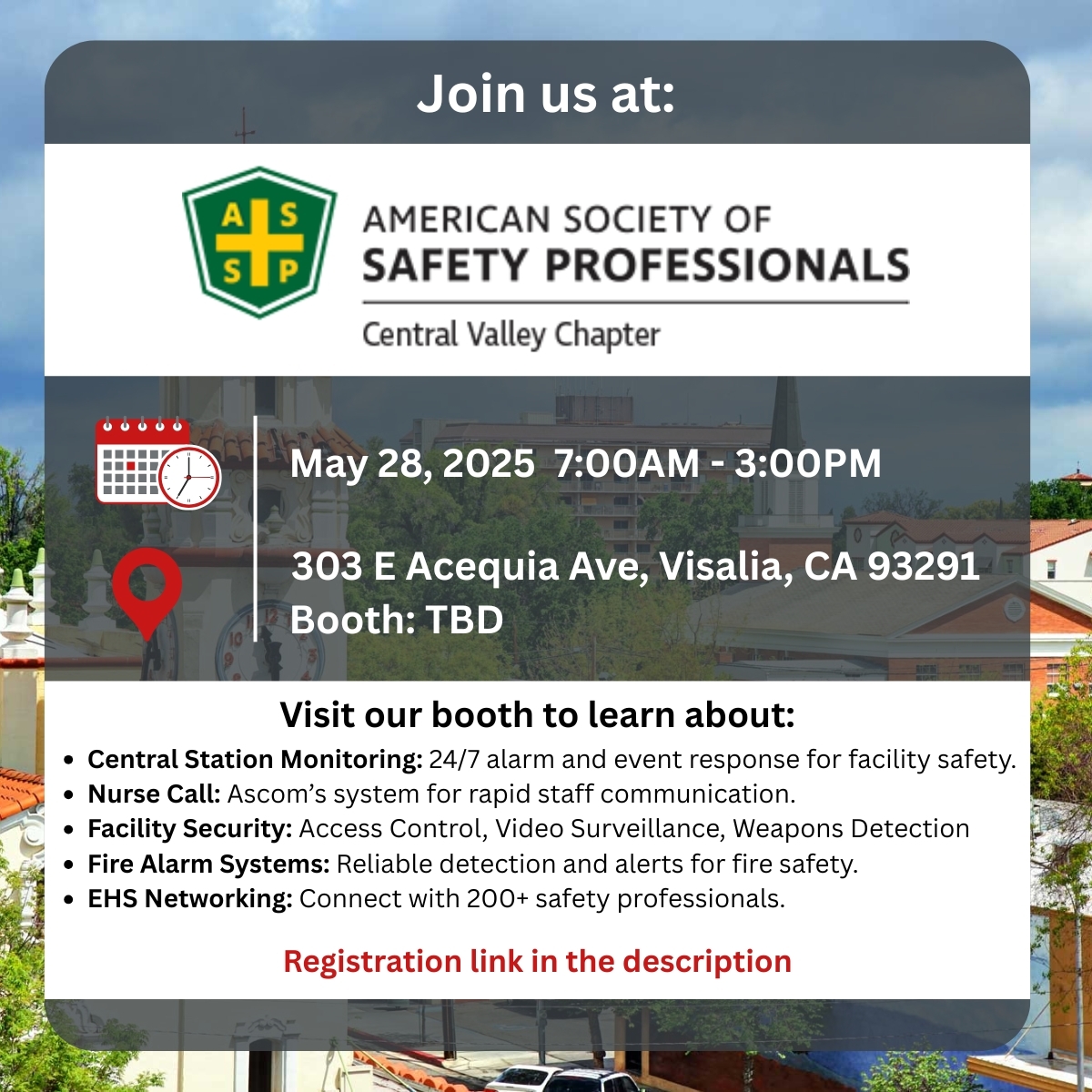 IntegElec's tweet image. Join us at the 2025 Central Valley Safety Symposium in Visalia, CA on May 28! Stop by our booth to learn about life safety systems: 24/7 monitoring, Ascom nurse call, access control, video surveillance, fire alarm, and more!

Registration: 
hubs.li/Q03lKXj40