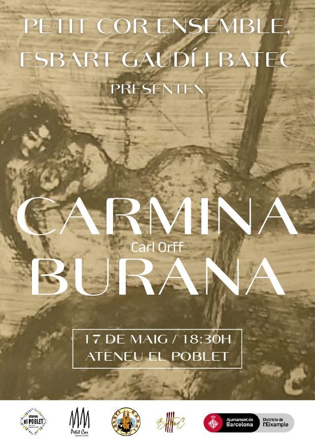 🟢Dissabte 17 de maig de 18:30 a 20:00, Cantata escènica: Carmina Burana de Carl Orff
 Carmina Burana és una cantata escènica; composta per Carl Orff el 1923, que ens parla de la joia de viure en un món on la ruleta de la fortuna regeix el destí dels homes.