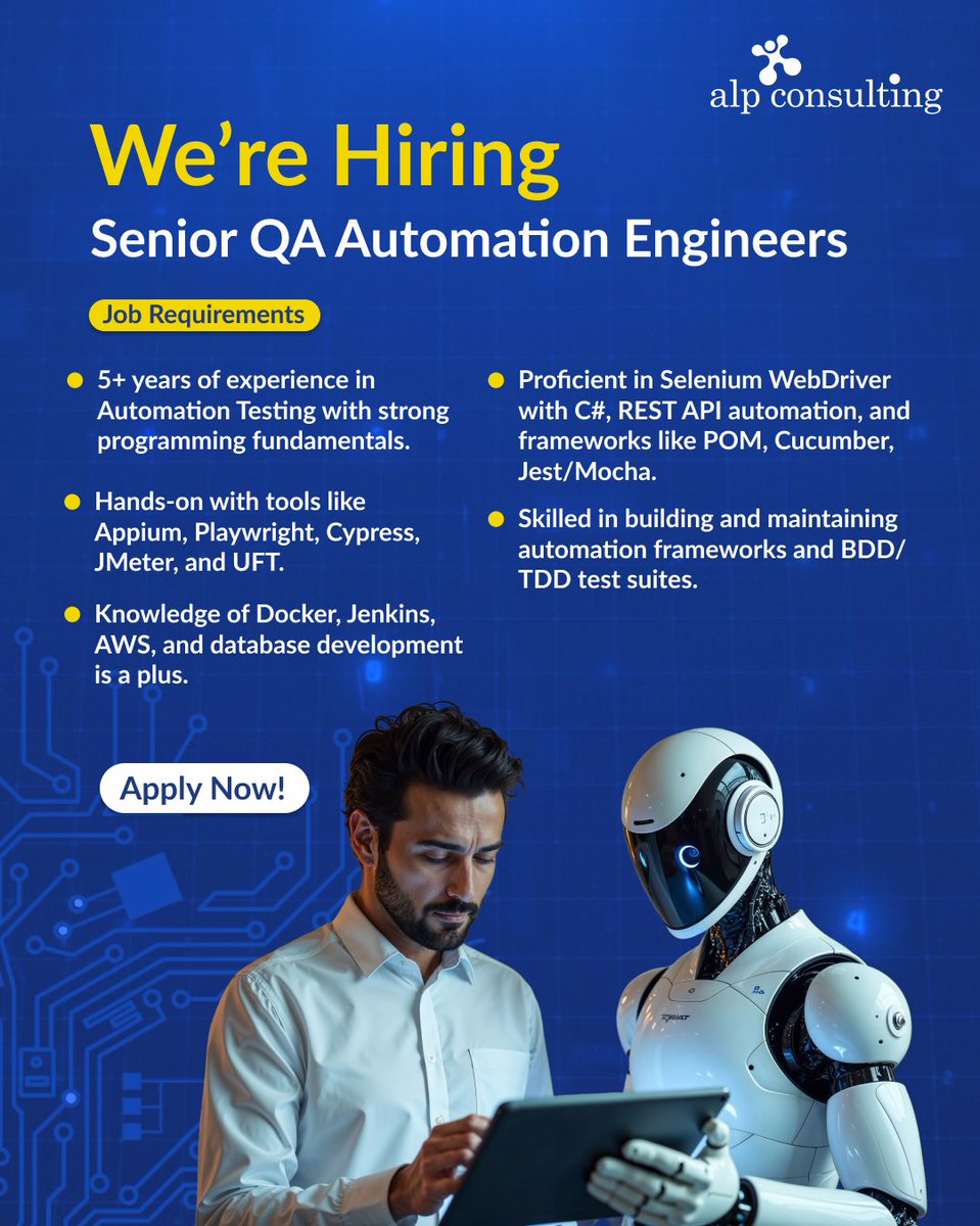 Alp_Corporate's tweet image. We&apos;re hiring!

In case you fit the criteria and would like to apply, please share your CV at careers@alpconsulting.in

Apply today or share this post with your network.

#HiringNow #QAAutomation #AutomationTesting #QAJobs #Selenium #CSharpJobs #RESTAPI #TestAutomation #Playwright…