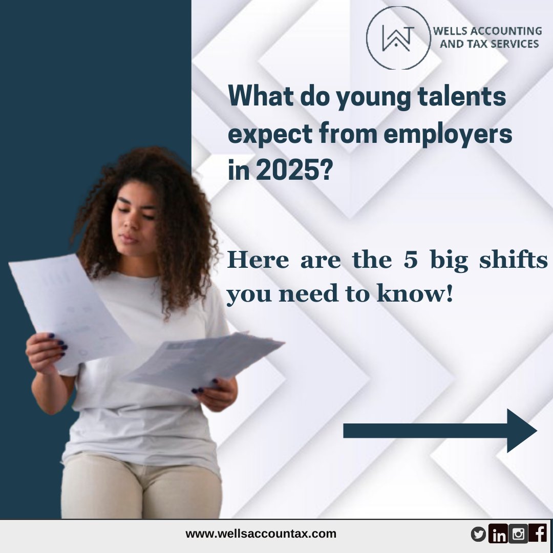 WellsAccountax's tweet photo. 2025 talent trends are here!
5 things young workers expect from employers are you ready?
DM Wells Accounting for expert HR support.
#HRFridays #TalentAcquisition #EmployeeExpectations #WellsAccounting #HiringTips #WorkCulture #MillennialWorkforce https://t.co/UdW2fvQ9yv