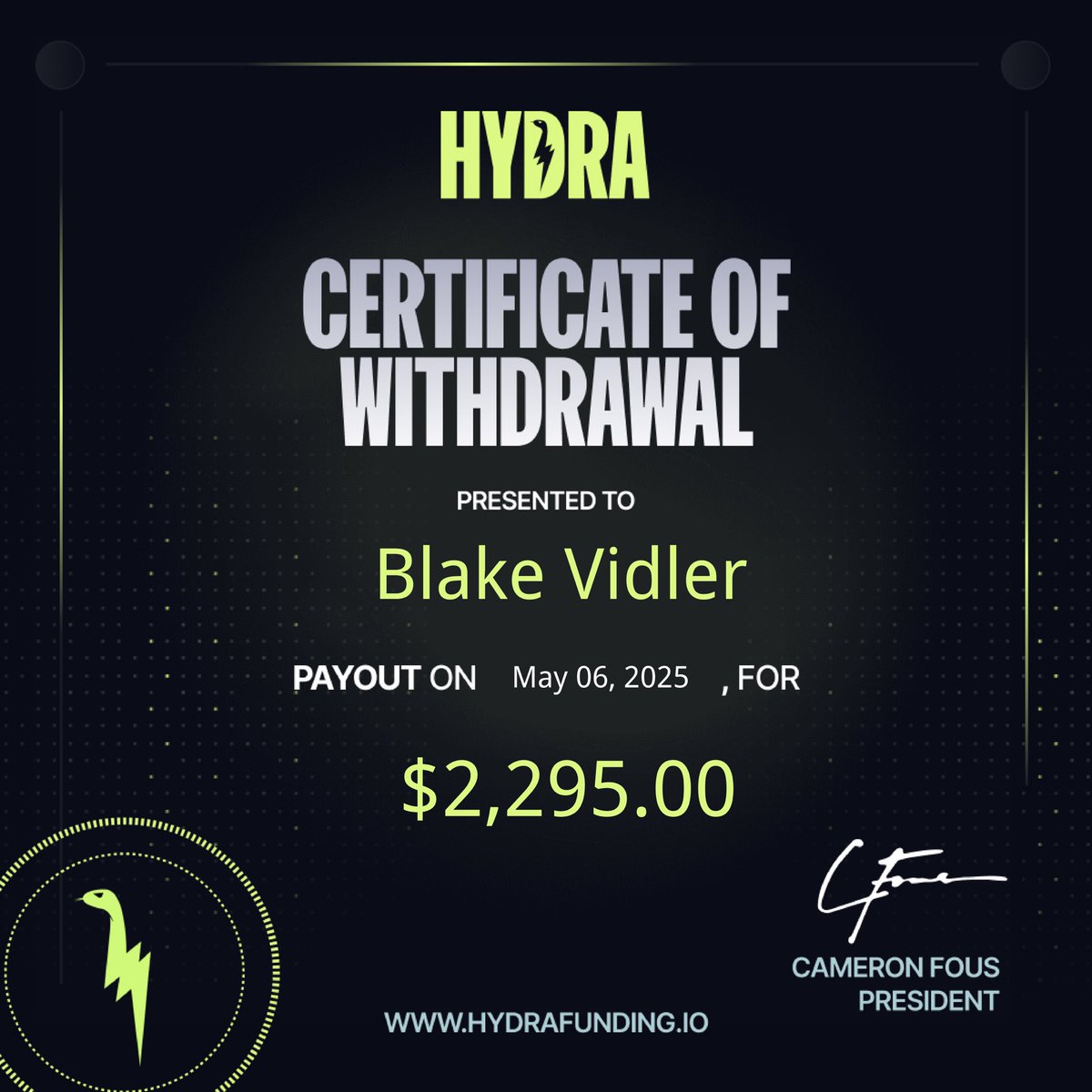 _This_Be_Blake's tweet photo. First of many, thank you @Cameronfous @hydrafunding 🍻 https://t.co/mxV32dPsYv