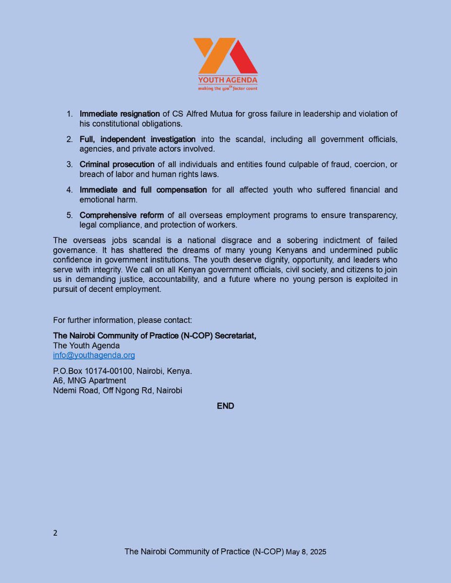 We demand accountability! The Nairobi Community of Practice (N-COP) calls for the immediate resignation of CS Alfred Mutua over the overseas jobs scandal that exploited Kenyan youth. Justice, reform, and compensation are non-negotiable. #YouthRights #AccountabilityNow
