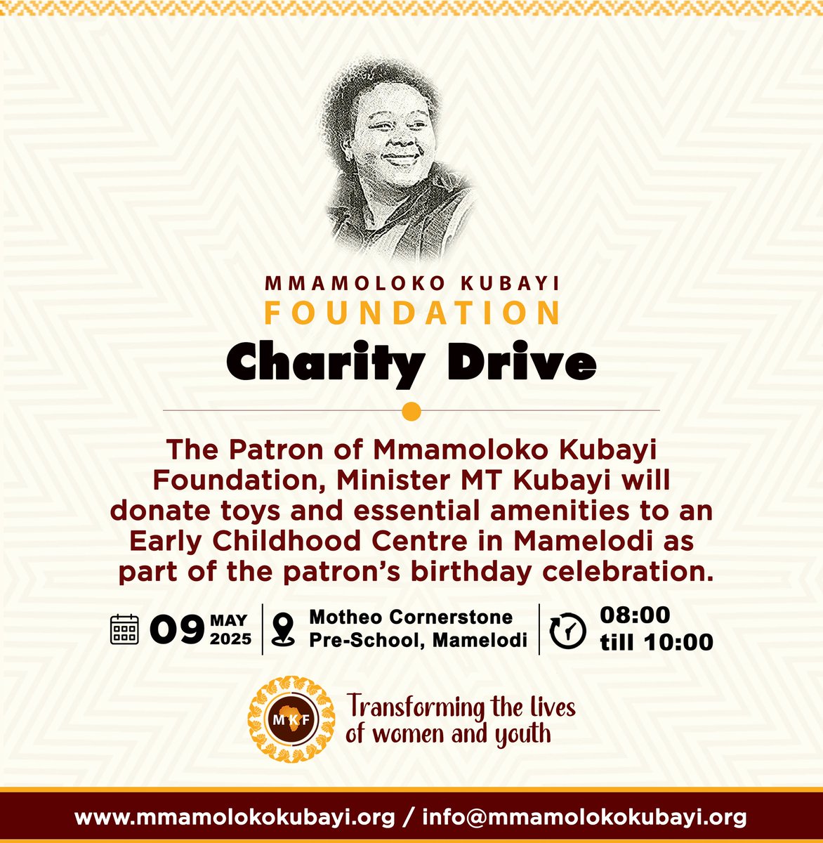 MKFoundation1_'s tweet photo. Happening Today | The Mmamoloko Kubayi Foundation, led by its Patron, will conduct a charity drive in Mamelodi, donating toys and essential supplies at Motheo Cornerstone Pre-School. 

#MKFCharityDrive #MKF https://t.co/DhkWXl9jBF