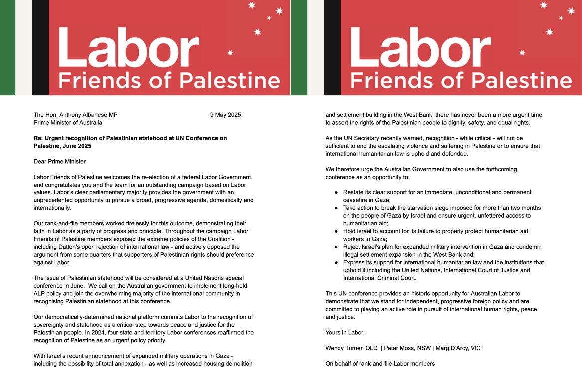 We wrote to <a href="/AlboMP/">Anthony Albanese</a> today — calling on the Australian Government to recognise Palestine at next month's special UN Conference on statehood