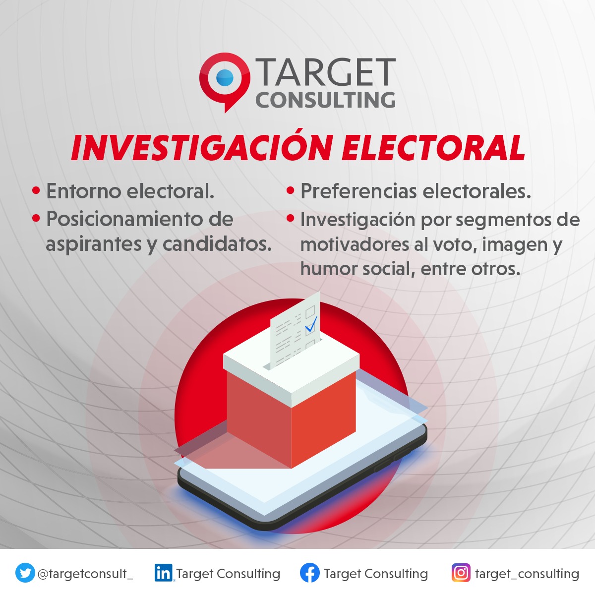 targetconsult_'s tweet photo. 🗳️ En tiempos electorales, la información confiable hace la diferencia.
#TargetConsulting es una agencia autorizada por el #INE para realizar estudios, encuestas e investigaciones en materia electoral.
Visítanos 👉 https://t.co/a98KYvny82
#EstudiosElectorales #OpiniónPública https://t.co/hMjCVVnbfJ