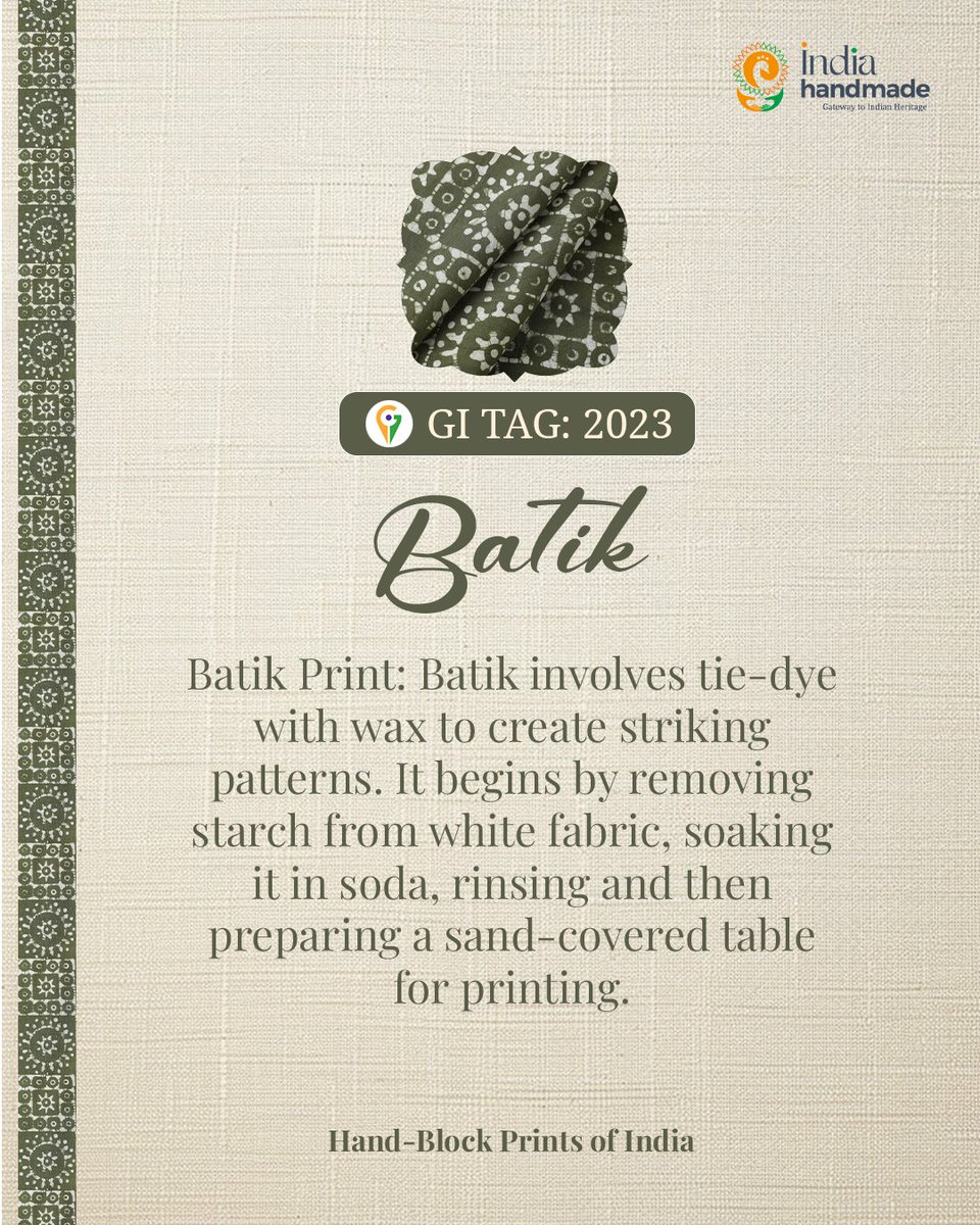 Indiahandmade_'s tweet image. Batik Print – A stunning blend of wax-resist dyeing and intricate artistry. Starting with de-starched white fabric, soaked and rinsed, then laid over sand for printing.

🛍️ Explore Batik print textiles now at Indiahandmade.com.

#gitag #batikprint #blockprints