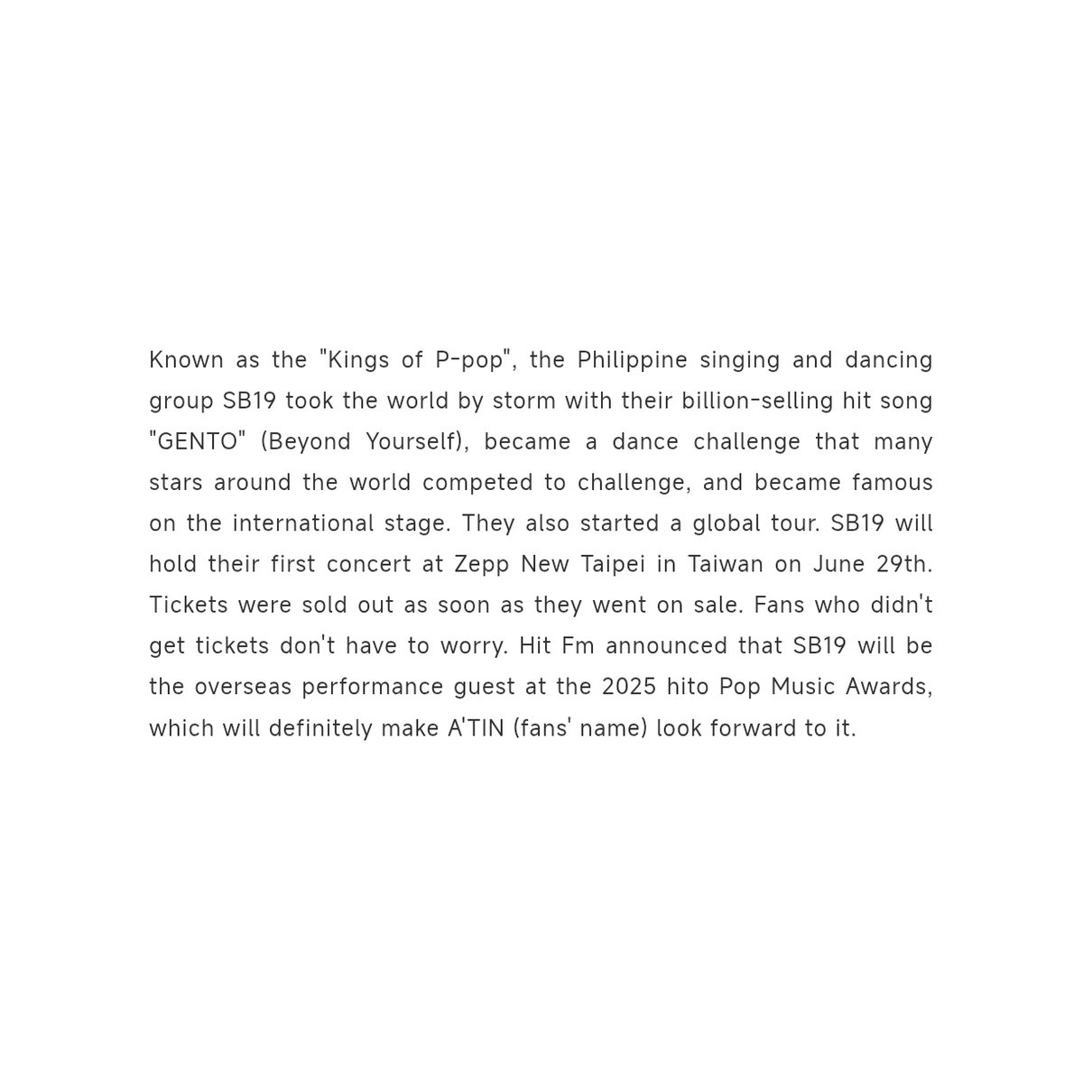 SB19SBLink's tweet photo. News is out!

SB19 will be among the performers at the 2025 Hito Pop Music Awards come June 21, 2025 to be held at the Tapei Arena, Taiwan. 

🔗https://t.co/pIVfpxRoj9

A'TIN Taiwan, keep winning. Congratulations y'all! We're so happy for you and our boys.

@SB19Official #SB19 https://t.co/KvsMu5beRj