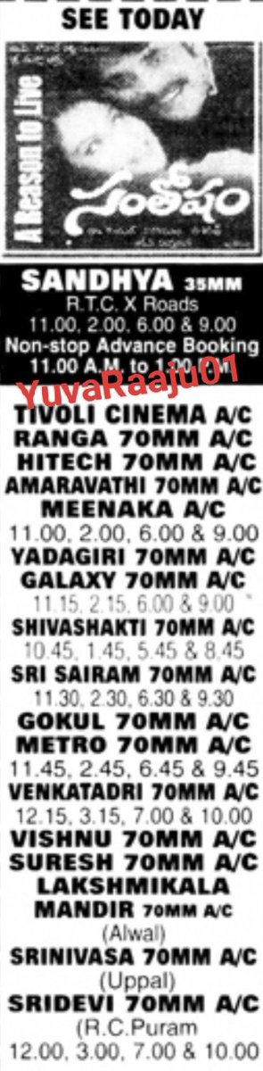 YuvaRaaju01's tweet photo. #23YearsForSanthosham
Starring: @iamnagarjuna
Directed by: #Dasarath
GOOD COMEBACK 👌👌
Hyd - SANDHYA 35MM - 113DAYS RUN 💥🔥 Replaced with #PruthviNarayana
Secbad - TIVOLI - 85DAYS RUN 💥🔥🔥 Replaced with #AVIP https://t.co/p50VVL2r1m