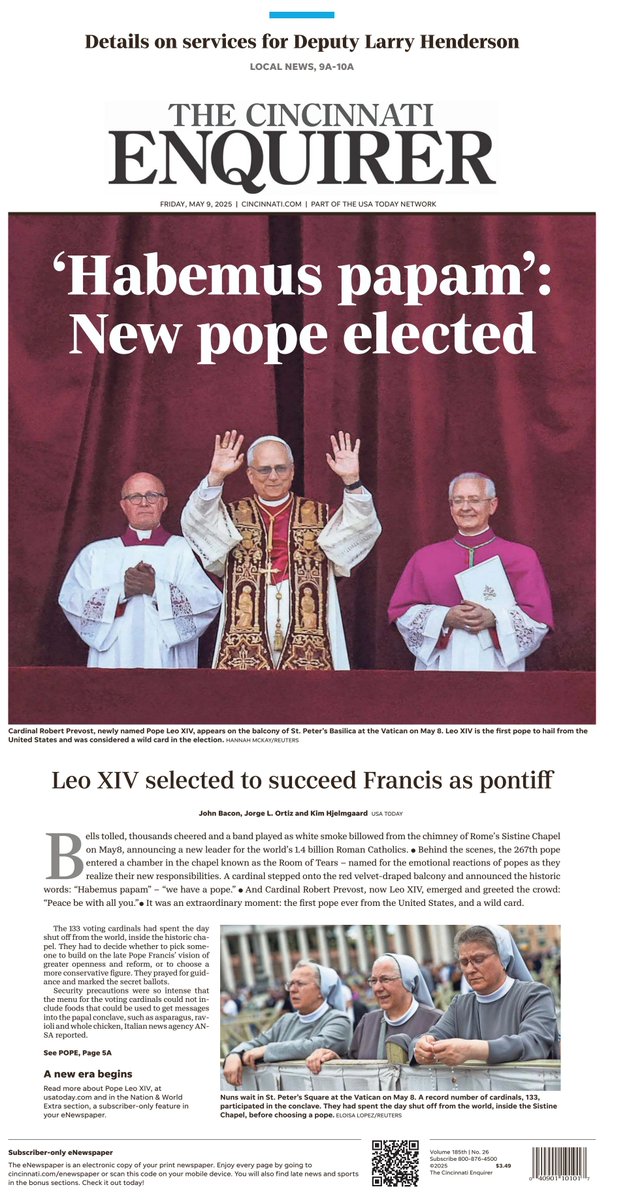 𝙵𝚛𝚘𝚗𝚝 𝙿𝚊𝚐𝚎𝚜 𝚃𝚘𝚍𝚊𝚢 📰 (@ukpapers) on Twitter photo 🇺🇸 'Habemus Papam': New Pope Elected
▫Leo XIV selected to succeed Francis as pontiff
▫<a href="/realjohnbacon/">John Bacon</a> <a href="/jorgelortiz/">Jorge L. Ortiz</a> <a href="/khjelmgaard/">Kim Hjelmgaard</a>
#frontpagestoday #USA <a href="/Enquirer/">Enquirer</a> 🇺🇸 🇺🇸 'Habemus Papam': New Pope Elected
▫Leo XIV selected to succeed Francis as pontiff
▫<a href="/realjohnbacon/">John Bacon</a> <a href="/jorgelortiz/">Jorge L. Ortiz</a> <a href="/khjelmgaard/">Kim Hjelmgaard</a>
#frontpagestoday #USA <a href="/Enquirer/">Enquirer</a> 🇺🇸