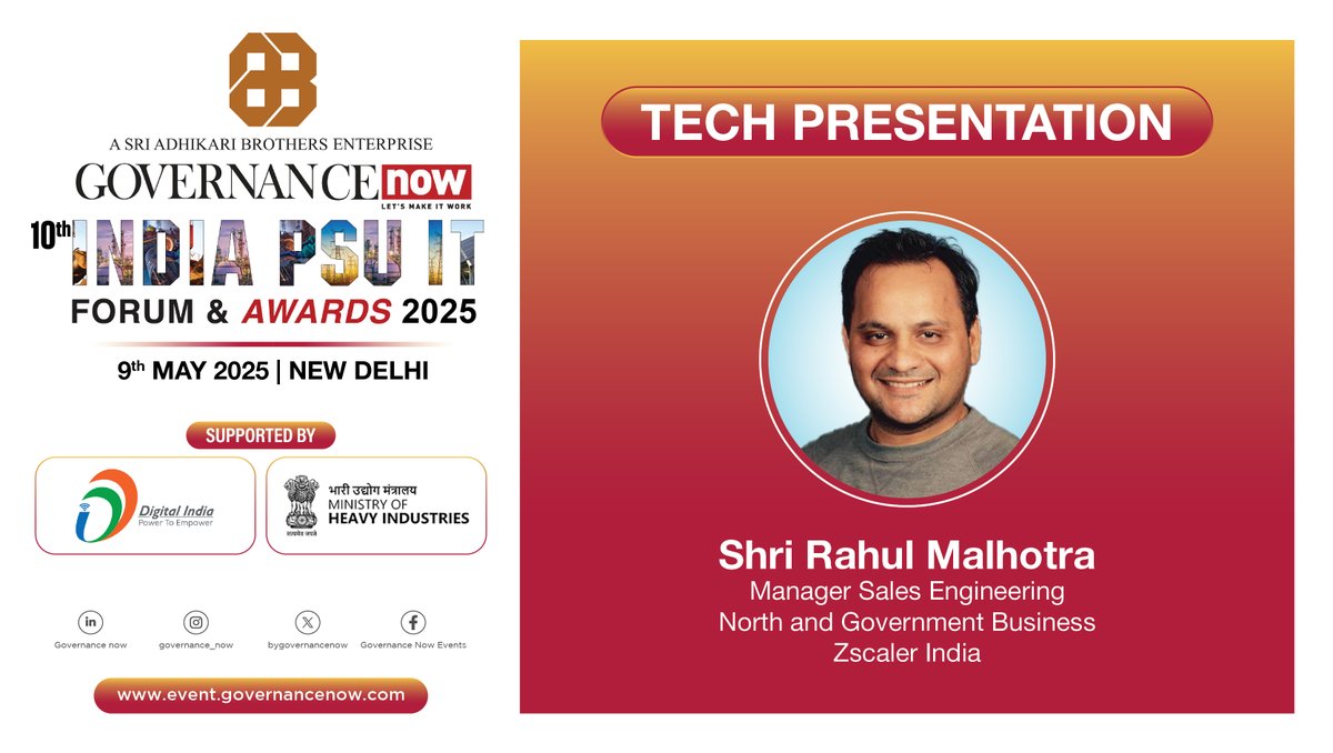 bygovernancenow's tweet photo. 📢 #TechTalkLive
Shri Rahul Malhotra, Manager – Sales Engineering (North & Government Business), @zscaler, shares key insights on securing digital transformation in the public sector.
📍 The Lalit, New Delhi | 9th May 2025
#IndiaPSUIT2025 #GovernanceNow #TechPresentation https://t.co/72Lzzz2PgF