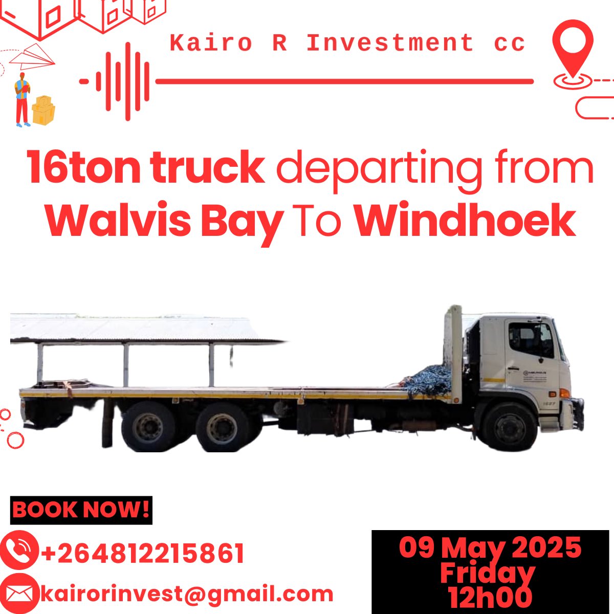 kairo_r_invest's tweet photo. For all logistics bookings and to send any commodities, please contact us via:  
Call/WhatsApp: +264 81 22 15861
Email: kairorinvest@gmail.com https://t.co/L5UNuKQd7B