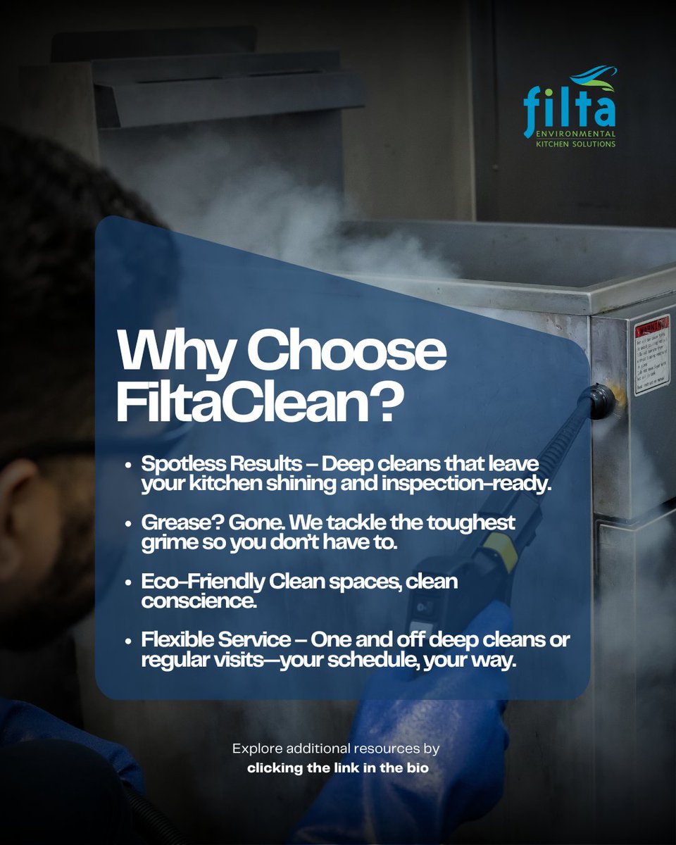 Why FiltaClean? 💧

✅ Spotless results
✅ Grease? Gone.
✅ Eco-friendly clean
✅ Your schedule, your way

🔗 Link in bio to learn more!
#FiltaClean #DeepClean #KitchenCare

#FiltaClean #KitchenCleaning #EcoFriendlyCleaning #RestaurantLife #DeepClean #FiltaFranchise