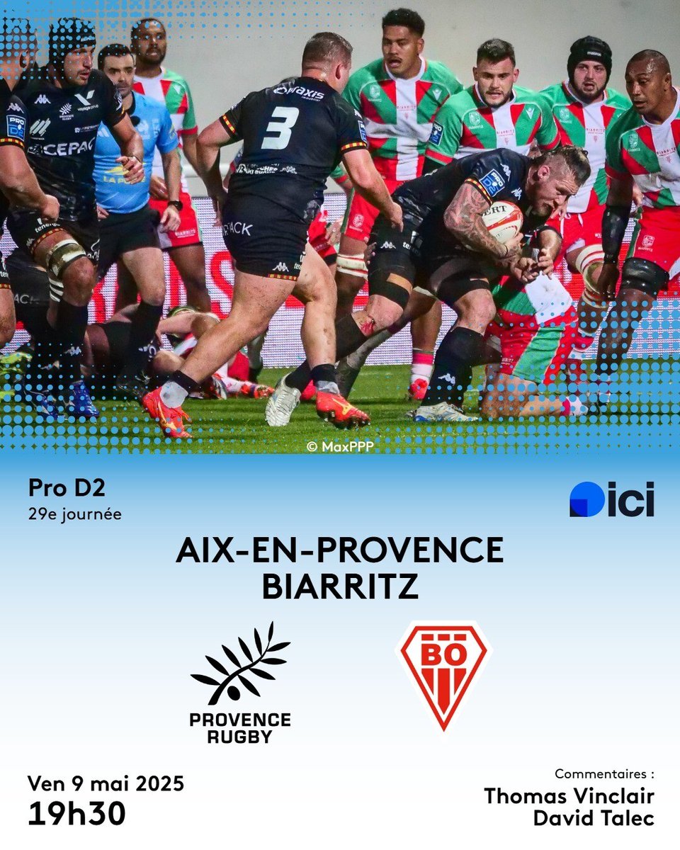 🏉 𝙅𝙊𝙐𝙍 𝘿𝙀 𝙈𝘼𝙏𝘾𝙃 𝙨𝙪𝙧 𝙞𝙘𝙞 𝙋𝙖𝙮𝙨 𝘽𝙖𝙨𝙦𝙪𝙚💥

Provence Rugby 🆚 𝘽𝙞𝙖𝙧𝙧𝙞𝙩𝙯 𝙊𝙡𝙮𝙢𝙥𝙞𝙦𝙪𝙚
🏆 Pro D2
🗓️29ᵉ journée
📍 stade Maurice-David
🕤 19h30

🎙️ <a href="/icipaysbasque/">ici Pays Basque</a> <a href="/VinclairT/">Thomas Vinclair</a>  <a href="/MrLec/">Mr D. Lec</a> 

#PRBO #ProD2 #AupaBO #BOPB