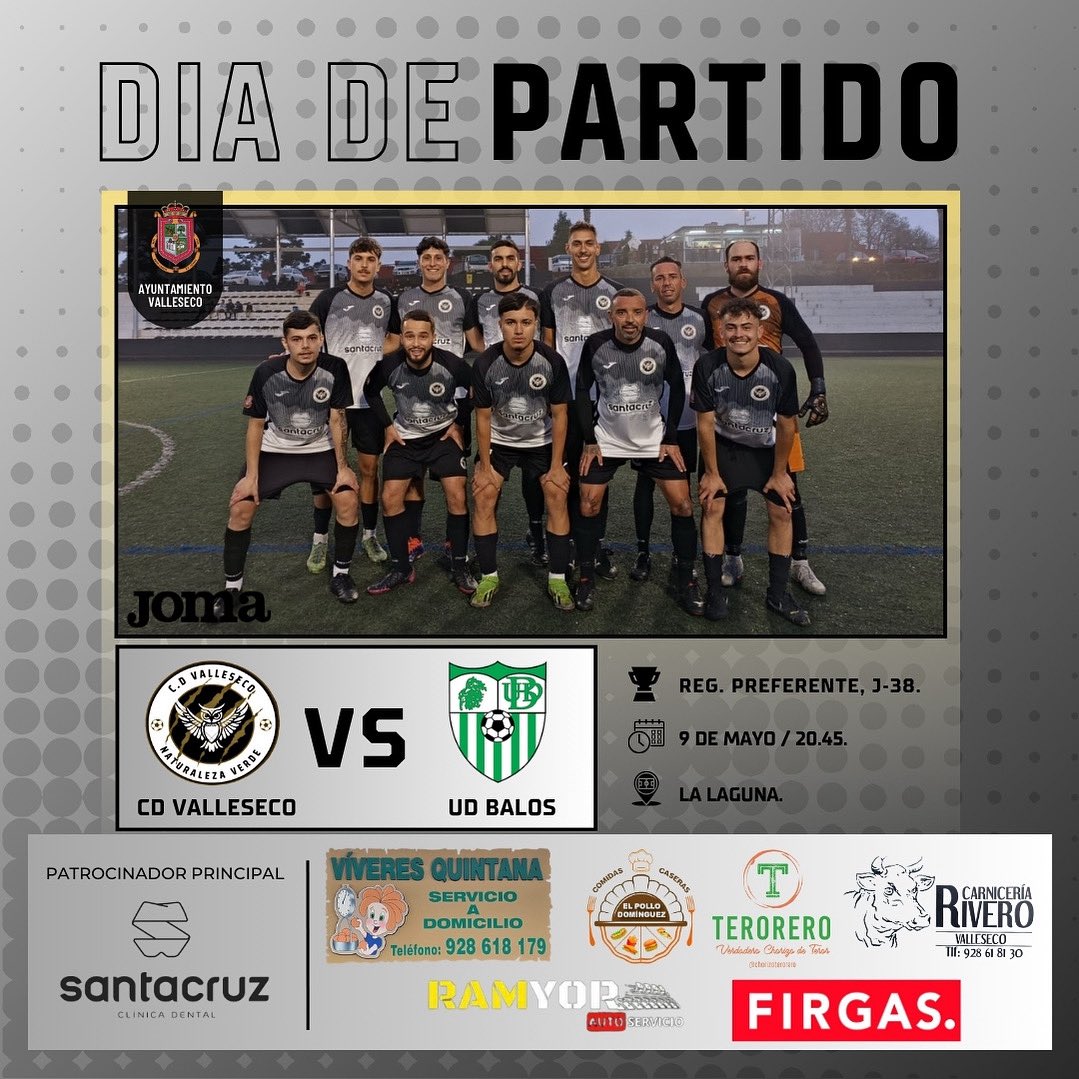 CD Valleseco Naturaleza Verde GC (@cdvallesecogc73) on Twitter photo ๐ด Dรญa de partido.
โก๏ธ Recibiremos en la noche de hoy a la UD Balos para la disputa de la 38ยช jornada de la competiciรณn liguera. 
ยกCon todo equipo! โ๏ธ
#๐ฅ๐๐๐๐๐๐ฎ๐๐๐๐๐๐ถ๐๐น๐๐๐๐๐๐๐ค๐ค ๐ด Dรญa de partido.
โก๏ธ Recibiremos en la noche de hoy a la UD Balos para la disputa de la 38ยช jornada de la competiciรณn liguera. 
ยกCon todo equipo! โ๏ธ
#๐ฅ๐๐๐๐๐๐ฎ๐๐๐๐๐๐ถ๐๐น๐๐๐๐๐๐๐ค๐ค