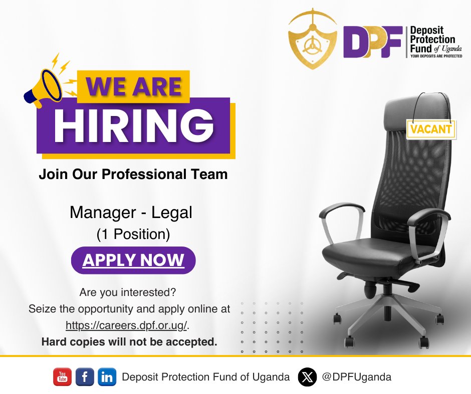Evanco Consult (@evancohr) on Twitter photo Hiring <a href="/DPFUganda/">Deposit Protection Fund of Uganda (DPF)</a>
Apply by: 05:00 pm on Thursday, 22nd May 2025
Click to Apply: careers.dpf.or.ug/job/manager-le… Hiring <a href="/DPFUganda/">Deposit Protection Fund of Uganda (DPF)</a>
Apply by: 05:00 pm on Thursday, 22nd May 2025
Click to Apply: careers.dpf.or.ug/job/manager-le…