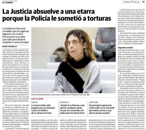 La Audiencia Nacional reconoce oficialmente que la Guardia Civil tortura, una realidad denunciada durante décadas ante el silencio de grandes medios. Este titular de Vocento refleja la pataleta y frustración de los defensores del relato negacionista del conflicto vasco. Se acabó.