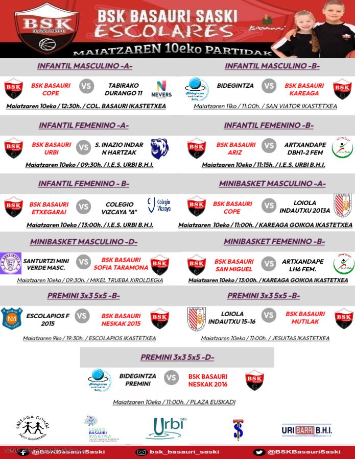 BSKBasauriSaski's tweet photo. 🏀🏀PARTIDEN KARTELDEGIA🏀🏀

Gure taldeen partidak asteburu honetarako.

Partidos de nuestros equipos para este fin de semana.

Gora BSK 🏀 ❤️ 🖤 ⛹️‍♀️ ⛹️‍♂️ 
#orgullobsk 
#orgullobasauri 
#saskibaloia 
#baloncestofemenino 
#baloncestomasculino 
#baloncestobizkaia https://t.co/rHMJKEaHOE