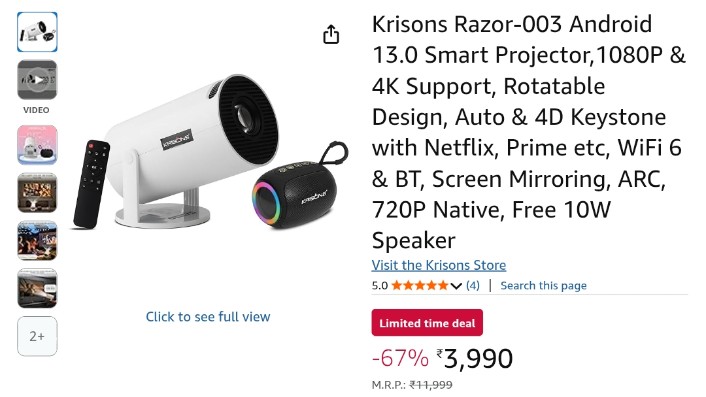 offerguruji's tweet image. 67% Off: Krisons Razor-003 Android 13.0 Smart Projector,1080P & 4K Support, Rotatable Design, Free 10W Speaker @ ₹3,990
Buy👉 amzn.to/4jNolWH
#SmartProjector #portableprojector #androidprojector #LootDeals #LimitedTimeOffer #amazonfinds #amazonhomefinds
