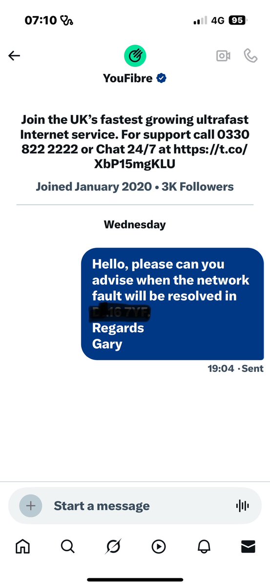 G20MUS's tweet photo. @youfibre  screen shot of message sent Wednesday and no reply !! Called the number Thursday. After 50 min wait it was answered. Still no resolution to reinstate connection https://t.co/fiwWXp5WCd