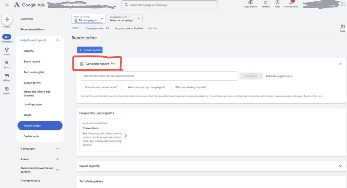 SwatiKherwal's tweet photo. The Google Ads AI Generated Reports BETA feature, as indicated by recent information, allows users to generate reports by simply describing what they need in natural language. Instead of manually selecting metrics, you can type a request, and Google Ads AI will generate reports. https://t.co/yJw13rUWDD