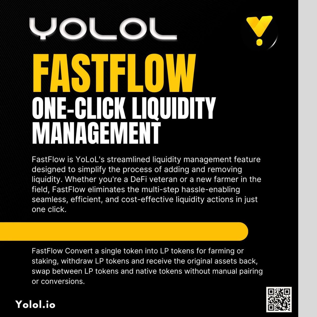yolol_io's tweet photo. โก Simplify Liquidity with FastFlow
๐ซIntroducing FastFlow: YoLoL's one-click liquidity management tool. Add or remove liquidity effortlessly and maximise your farming efficiency.
Streamline your DeFi experience.
#FastFlow #YoLoL #RWA #BSC #BinanceSmartChain https://t.co/FazDU6eWbw