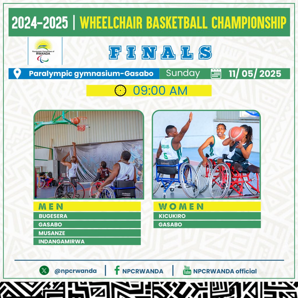 Don’t plan to miss !

The 2024–2025 Wheelchair Basketball Championship Finals happening this Sunday, May 11 2025! 

Both the men’s and women’s finals are set to showcase the best in the sport.

📍: Paralympic gymnasium