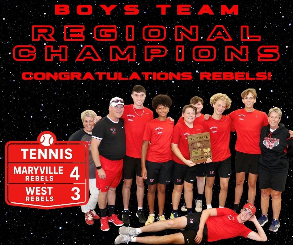 Maryville Rebels Tennis (@mhsrebelstennis) on Twitter photo Your 2025 TSSAA Boys Tennis Region 2AA Team Champions!!! Maryville def West (Knox) by a close score of 4-3! Maryville improves to 18-1 and advances to Sub-State to face Science Hill on Thursday, 5/15/25.
<a href="/homeoftherebels/">Maryville Rebels Athletics</a> <a href="/MaryvilleHigh/">Maryville High School</a> <a href="/MC_Schools/">Maryville Schools TN</a> <a href="/TDT_Sports/">Daily Times Sports</a> <a href="/sportspage865/">The Sports Page</a> Your 2025 TSSAA Boys Tennis Region 2AA Team Champions!!! Maryville def West (Knox) by a close score of 4-3! Maryville improves to 18-1 and advances to Sub-State to face Science Hill on Thursday, 5/15/25.
<a href="/homeoftherebels/">Maryville Rebels Athletics</a> <a href="/MaryvilleHigh/">Maryville High School</a> <a href="/MC_Schools/">Maryville Schools TN</a> <a href="/TDT_Sports/">Daily Times Sports</a> <a href="/sportspage865/">The Sports Page</a>