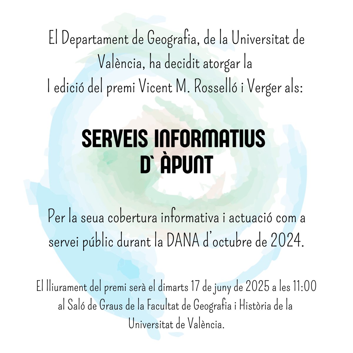 Departament de Geografia - Universitat de València (@depgeo_uv) on Twitter photo El Dept. de Geografia resol atorgar el I Premi Vicent M. Rosselló i Verger als SERVEIS INFORMATIUS d’Àpunt, per la seua cobertura informativa i actuació com a servei públic durant la dana del passat mes d’Octubre de 2024.
<a href="/Apuntnoticies1/">Apuntnoticies</a> <a href="/apunt_media/">À Punt</a> <a href="/FacGeoiH/">Facultat Geografia i Història UV</a> <a href="/UV_EG/">Universitat València</a> @AGE_Oficial El Dept. de Geografia resol atorgar el I Premi Vicent M. Rosselló i Verger als SERVEIS INFORMATIUS d’Àpunt, per la seua cobertura informativa i actuació com a servei públic durant la dana del passat mes d’Octubre de 2024.
<a href="/Apuntnoticies1/">Apuntnoticies</a> <a href="/apunt_media/">À Punt</a> <a href="/FacGeoiH/">Facultat Geografia i Història UV</a> <a href="/UV_EG/">Universitat València</a> @AGE_Oficial