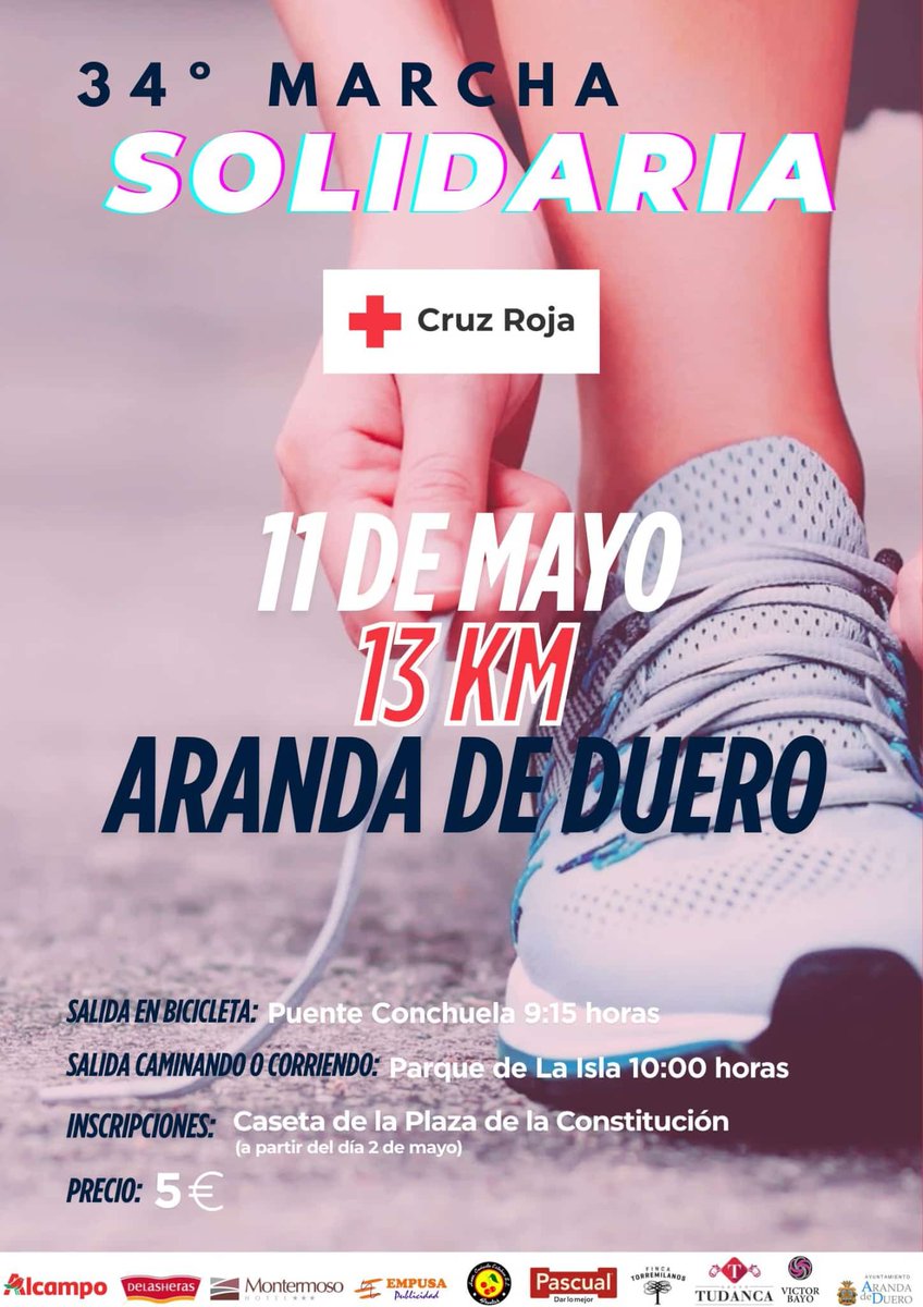 🏃‍♀️🚴‍♂️ Este domingo 11 de mayo, Aranda se moviliza con la 34ª Marcha Solidaria de Cruz Roja
✅ 13 km andando, corriendo o en bici
🕘 Salidas desde el Parque de la Isla
🎟 Dorsales: 5 €
👉 Apoya los proyectos solidarios en la comarca
#MarchaSolidaria #ArandaDeDuero
