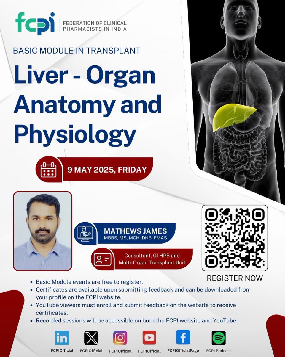 🚨 New Webinar Alert! 🚨
The first webinar from the Basic Module in Transplant, organized by the FCPI Transplant Forum, is now available!

🎓 Title: Liver – Organ Anatomy and Physiology
👨‍⚕️ Faculty: Mathews James, MBBS, MS, MCH, DNB, FMAS
📅 Date: 09 May 2025
