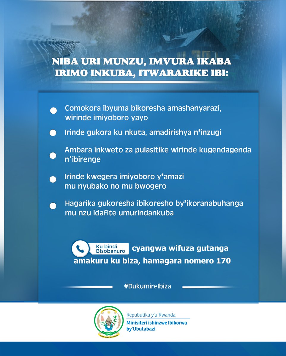 Hari abo inkuba 🌩️⛈️ ikubita bugamye mu nzu iyo amashanyarazi yayo asakaye ku butaka  akagera no mu nzu. Igihe wugamye rero, komeza kwitwararika ibi 👇#DukumireIbiza.