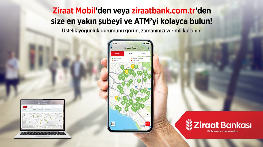 Ziraat Mobil’den veya web sitemizden size en yakın şubeyi ve ATM’yi kolayca bulun!
Üstelik yoğunluk durumunu görün, zamanınızı verimli kullanın. Detaylar web sitemizde. #ZiraatBankası #BirBankadanDahaFazlası