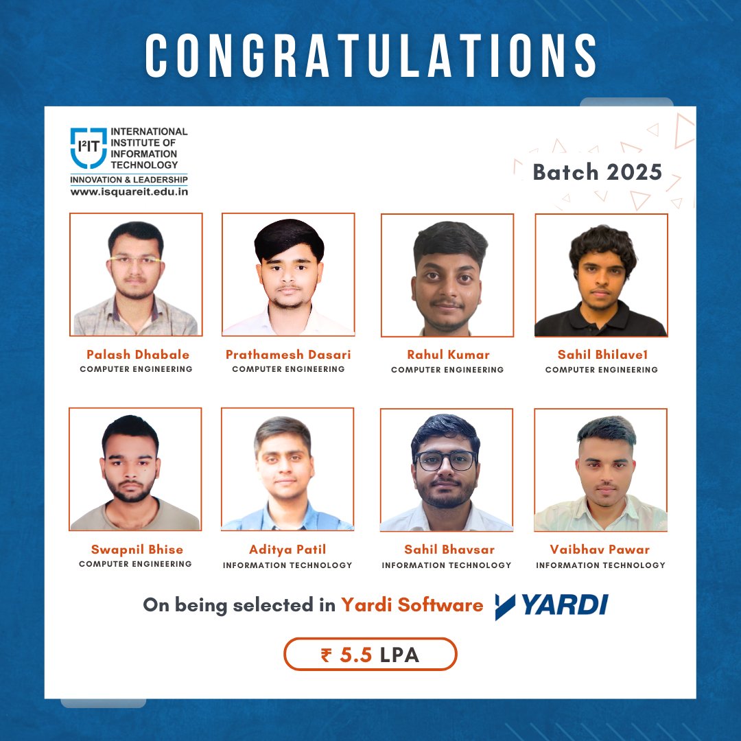 From Code to Career | I²IT Students Selected by Yardi Software!
We are proud to share that 8 brilliant students  have been selected by <a href="/Yardi/">YARDI</a>  Software 
#i2it #isquareitpune #engineersedge #I2ITPlacements #YardiSoftware #Batch2025 #ComputerEngineering #InformationTechnology