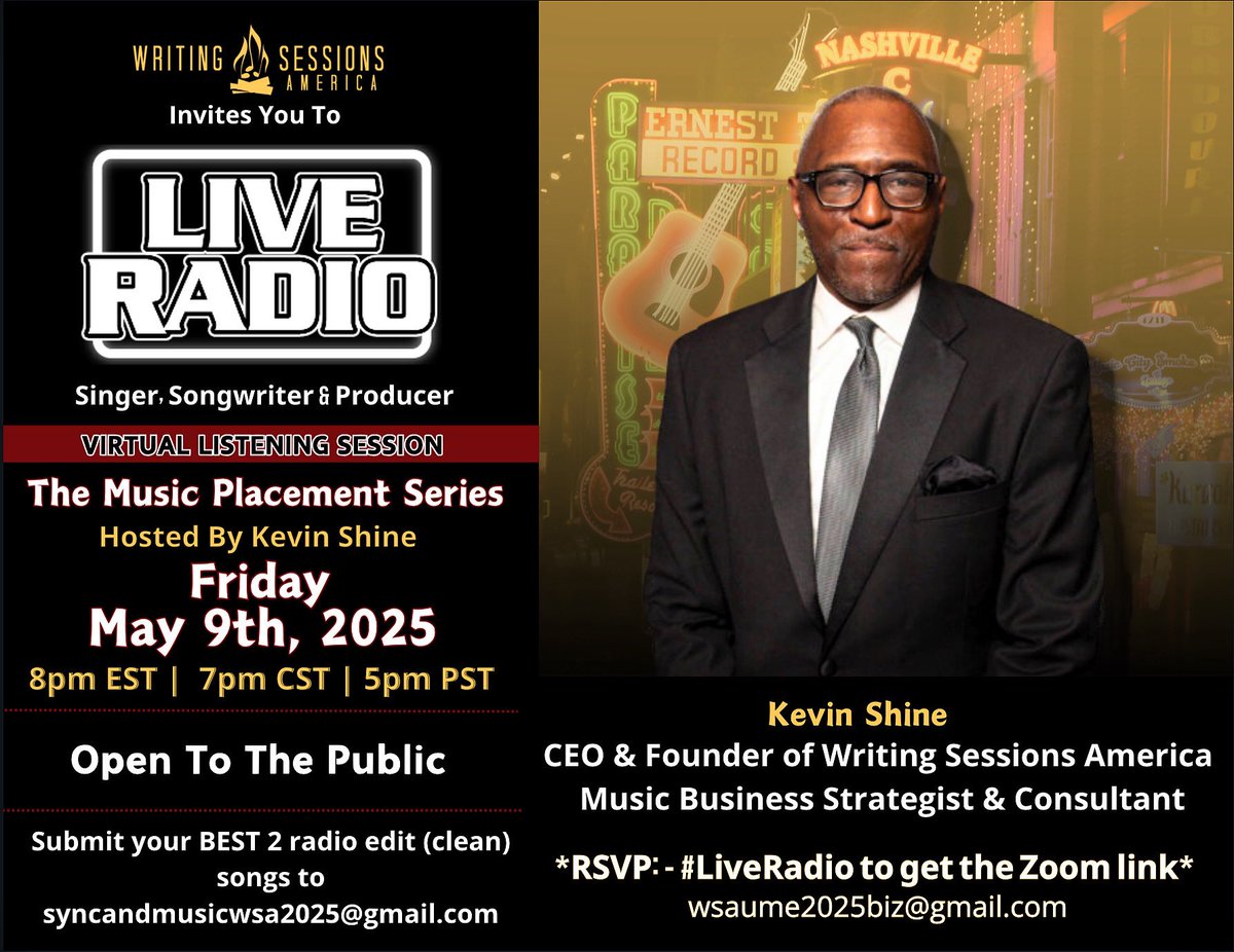 Kevin_AnR_Shine (@kevin_anr_shine) on Twitter photo WSA #LIVE #RADIO #LISTENINGSESSIONS
#Friday May 9, 2025 , 8pm EST
Please spread the word to any dope #songwriters and #producers , we want to have real jam session of great songs - radio edit , Email #RSVP & send 2 Mp3s (clean versions only) - wsaume2025biz@gmail.com WSA #LIVE #RADIO #LISTENINGSESSIONS
#Friday May 9, 2025 , 8pm EST
Please spread the word to any dope #songwriters and #producers , we want to have real jam session of great songs - radio edit , Email #RSVP & send 2 Mp3s (clean versions only) - wsaume2025biz@gmail.com