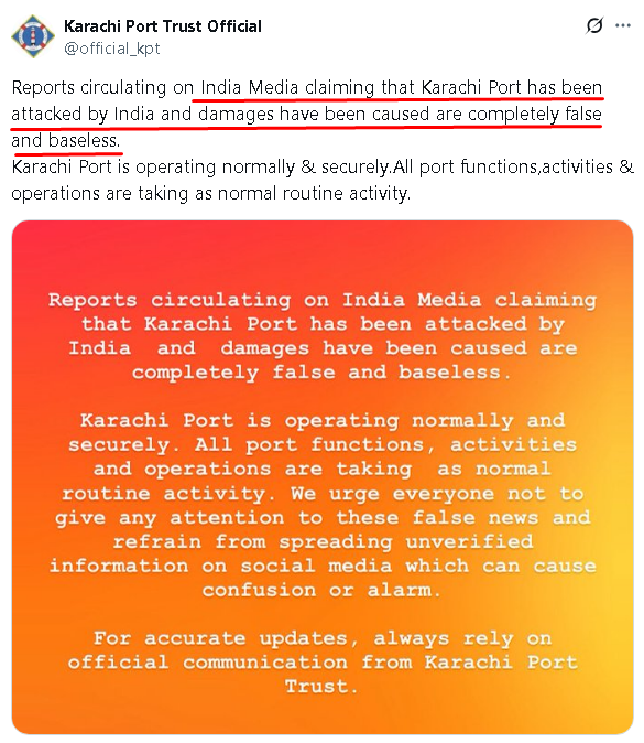apf_ind's tweet photo. At 8:39 AM: claims of Indian attack false and baseless

3 hours later

At 11:43AM: We have been hit by India 

Dear @official_kpt please decide. Lagta hai abhi bhi sadme me ho

#karachiport #IndianNavyAction #IndiaPakistanWar