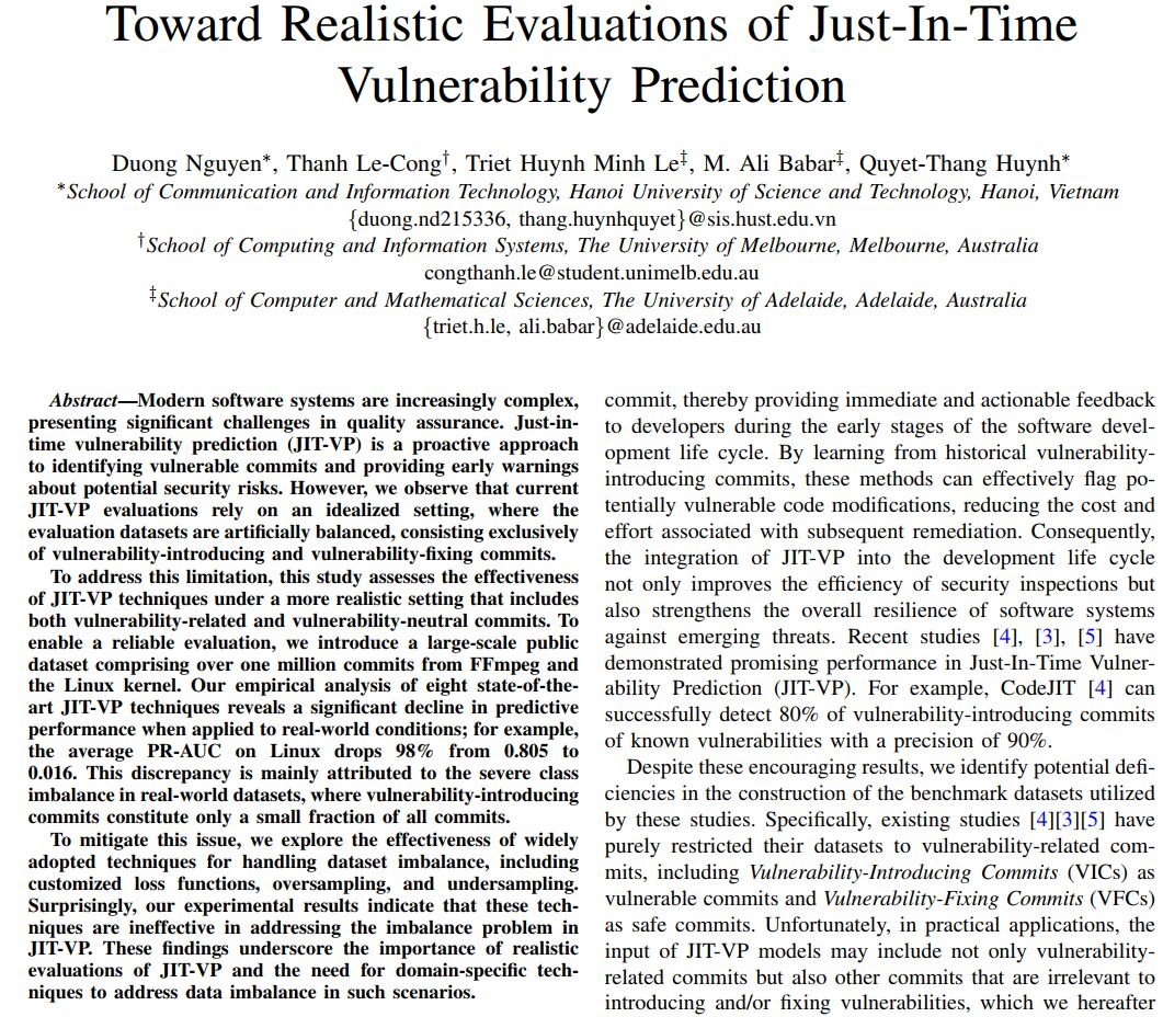 Triet Le (@lhmtriet) on Twitter photo 🚨 Our paper is early accepted at <a href="/IEEEICSME/">IEEE ICSME 2025</a> 2025! 🎉 (6% rate)
Takeaways:
📉 JIT #Vulnerability prediction drops up to 98% in realistic settings due to data imbalance
⚖️Custom solutions are needed to ensure the practicality of JIT-VP
📄Preprint coming soon!🇦🇺🤝🇻🇳<a href="/UniofAdelaide/">Uni of Adelaide</a> 🚨 Our paper is early accepted at <a href="/IEEEICSME/">IEEE ICSME 2025</a> 2025! 🎉 (6% rate)
Takeaways:
📉 JIT #Vulnerability prediction drops up to 98% in realistic settings due to data imbalance
⚖️Custom solutions are needed to ensure the practicality of JIT-VP
📄Preprint coming soon!🇦🇺🤝🇻🇳<a href="/UniofAdelaide/">Uni of Adelaide</a>