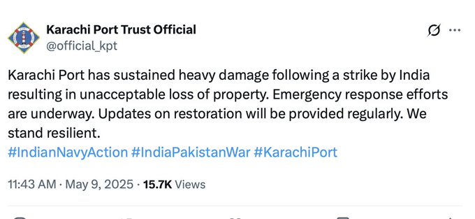 Now #karachiport trust takes u turn.
First it denied Damage to Port due to #DroneAttack and Now Its accepting the Damage to #Port.😂🤣

#karachiblast #IndiaPakistanWar #IndianNavy #Viral #IndianArmedForces #OperationSindoor BIG BREAKING #IndianNavyAction