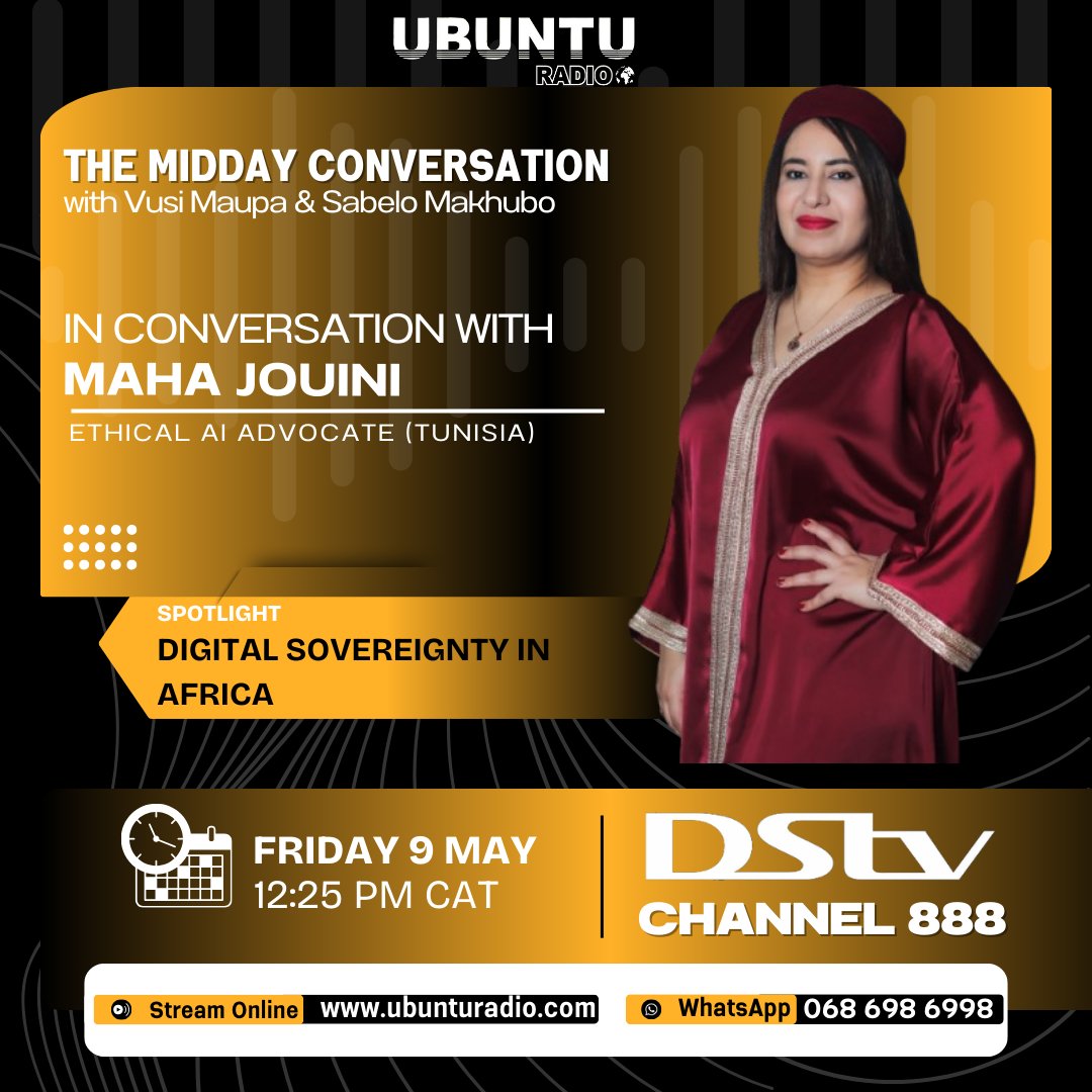 Ubuntu Radio DSTV888 (@ubunturadioza) on Twitter photo #TheMiddayConversation with <a href="/VusiMaupa/">Vusi Maupa</a> and <a href="/sabelo_makhubo/">Sabelo Makhubo</a> catches up with <a href="/Mehajouini/">Maha Jouini</a>, Ethical AI Advocate to talk Digital Sovereignty in Africa at 12pm CAT. ubunturadio.com and DSTV Channel 888 #TheMiddayConversation with <a href="/VusiMaupa/">Vusi Maupa</a> and <a href="/sabelo_makhubo/">Sabelo Makhubo</a> catches up with <a href="/Mehajouini/">Maha Jouini</a>, Ethical AI Advocate to talk Digital Sovereignty in Africa at 12pm CAT. ubunturadio.com and DSTV Channel 888
